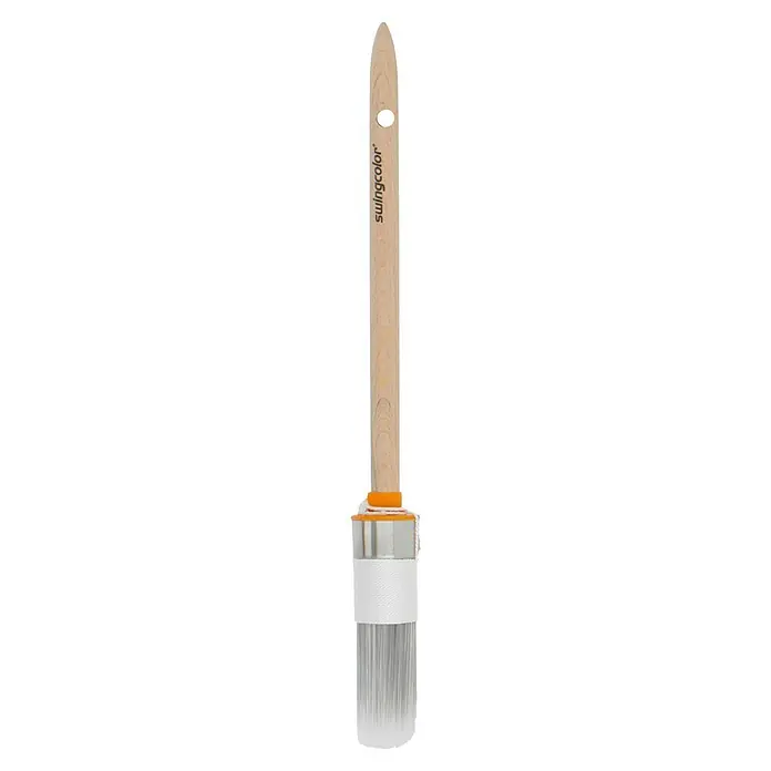 swingcolor Ringpinsel - Größe Pinsel: 4, Mischborsten - Nahaufnahme eines SunGcolor Pinsels mit hellem Holzgriff, orangefarbener Zwinge und weissen Borsten vor einem dunklen Hintergrund.