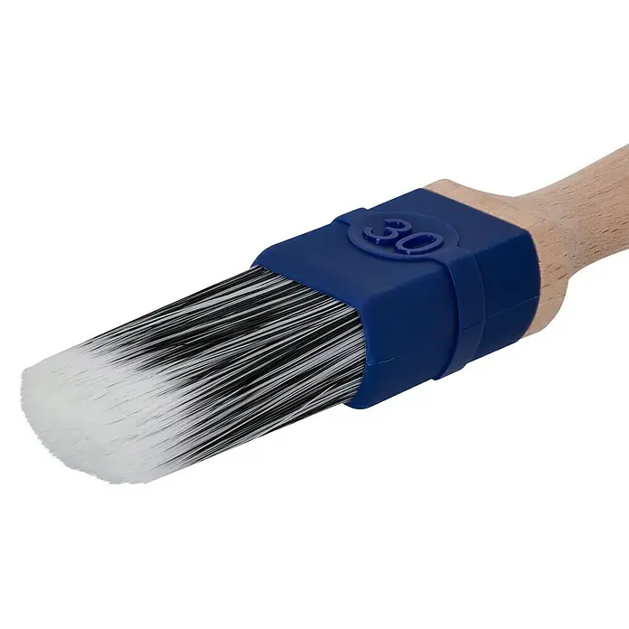 Profi Depot by Storch-Ciret Lackierpinsel - Breite Borsten: 30 mm, Mischborsten, Holz, Stärke Borsten: 12 mm - Nahaufnahme eines sauberen Malpinsels mit Holzgriff und blauer Fassung, ideal für präzise Farbarbeiten.