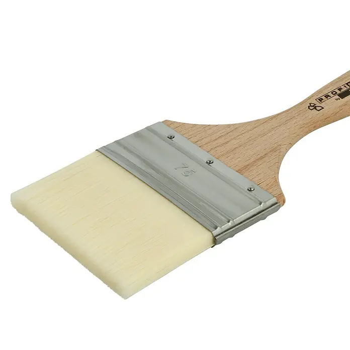Profi Depot by Storch-Ciret Verschlichtpinsel - Breite Borsten: 75 mm, Mischborsten, Holz - Detailaufnahme eines Profi-Malpinsels mit hellem Holzgriff und synthetischen Borsten für präzise Anstriche.