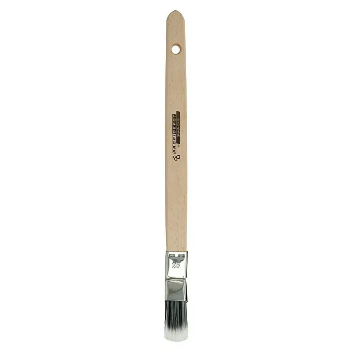 Profi Depot by Storch-Ciret Plattpinsel - Breite Borsten: 25 mm, Gebogen, Holz, Schwarz/Weiß - Pinsel: Detailaufnahme eines Profidepo-Pinsels von Storch-Ciret mit Holzgriff und silberner Zwinge, ideal für präzise Malerarbeiten.