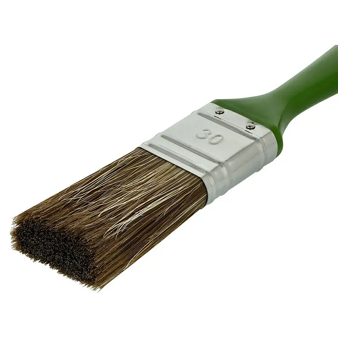 Lasur-Flachpinsel - Breite Borsten: 30 mm, Naturborsten-Mix, Kunststoff - Pinsel mit grünen Griff und silberner Zwinge mit der Nummer 30. Das Bild zeigt einen Pinsel für Malerarbeiten.