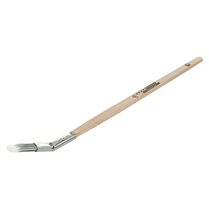 Profi Depot by Storch-Ciret Plattpinsel - Breite Borsten: 10 mm, Gebogen, Holz, Schwarz/Weiß - Das Bild zeigt einen Heizkörperpinsel mit einem Holzgriff und weißen Borsten, ideal für schwer zugängliche Stellen.