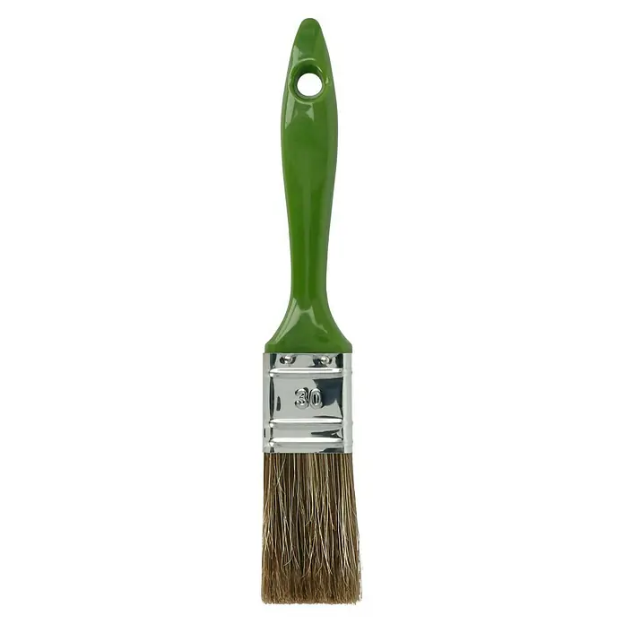 Lasur-Flachpinsel - Breite Borsten: 30 mm, Naturborsten-Mix, Kunststoff - Ein Pinsel mit grünem Griff und Borsten, ideal zum Malen von Oberflächen. Das Werkzeug für präzise Farbaufträge und kreative Projekte.