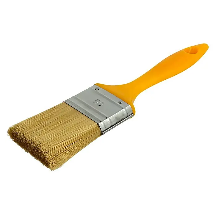 Lackierpinsel - Breite Borsten: 50 mm, Kunstborsten, Kunststoff - Detailaufnahme eines gelben Farbpinsels mit Borsten, ideal für Malerarbeiten und Renovierungen.