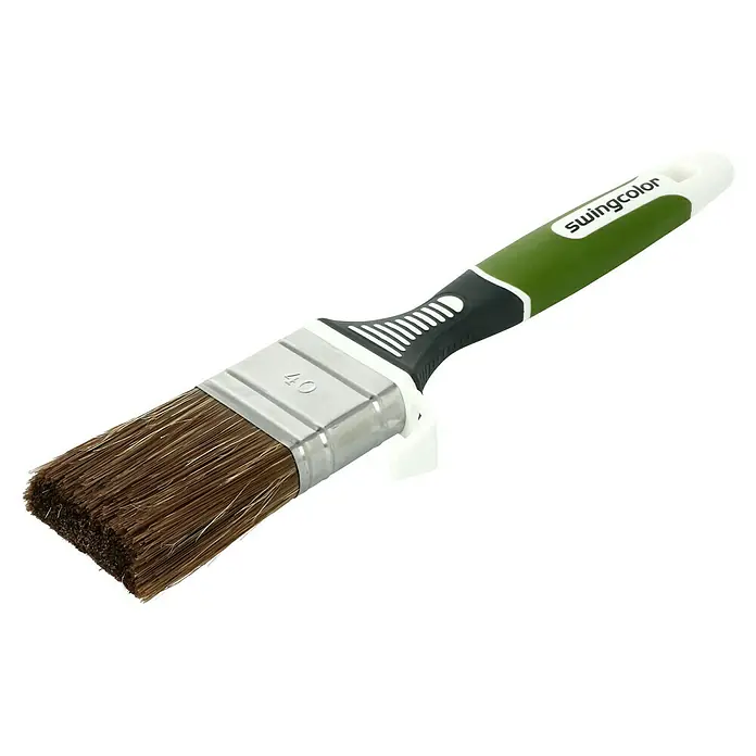swingcolor Lasur-Flachpinsel 3K - Breite Borsten: 40 mm, Mischborsten, Kunststoff - Pinsel der Marke Swingcolor mit braunen Borsten und grün-schwarzem Griff. Ideal zum Malen und Lackieren von Oberflächen mit Farbe.