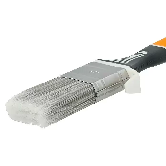 swingcolor Lackierpinsel 2K - Breite Borsten: 40 mm, Mischborsten, Kunststoff - Pinsel mit weißen Borsten, einer silbernen Zwinge und einem dunkelgrauen sowie orangefarbenen ergonomischen Griff.