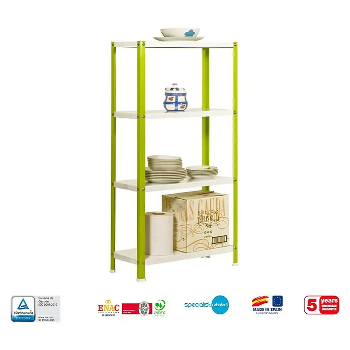 Simonrack Simonhome Estantería metálica Homeclassic Color Plus - Al x An x Pr: 160 x 100 x 30 cm, Capacidad de carga por balda: 100 kg, Número de baldas: 4 ud., Atornillado, Verde - Una estantería de cuatro niveles blanca y verde llena de platos, un bote y una caja de bebidas.
