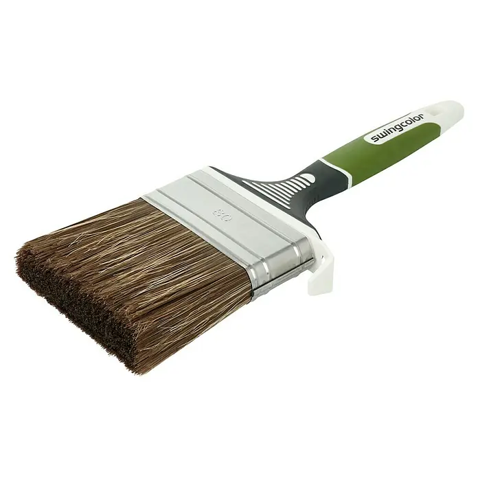 swingcolor Lasur-Flachpinsel 3K - Breite Borsten: 80 mm, Mischborsten, Kunststoff - Pinsel der Marke Swingcolor mit grüner Griff und braunen Borsten, ideal für Malerarbeiten und zum Auftragen von Farben auf verschiedenen Oberflächen.