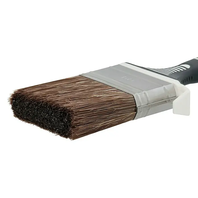 swingcolor Lasur-Flachpinsel 3K - Breite Borsten: 60 mm, Mischborsten, Kunststoff - Nahaufnahme eines sauberen, hochwertigen Malpinsels mit braunen Borsten, ideal für präzise Malerarbeiten und professionelle Ergebnisse.