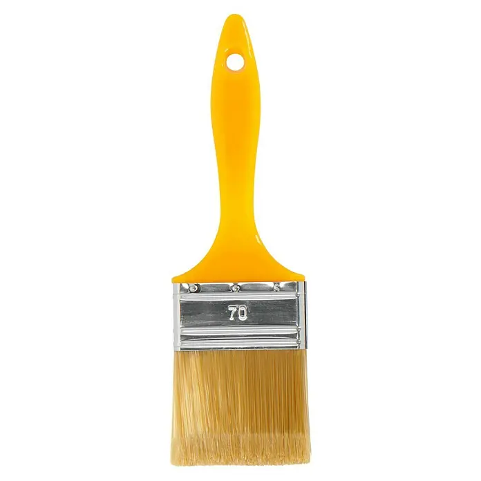 Lackierpinsel - Breite Borsten: 70 mm, Kunstborsten, Kunststoff - Detailaufnahme eines gelben Farbstreichers mit glänzendem Griff und hellen Borsten, ideal für Malerarbeiten.