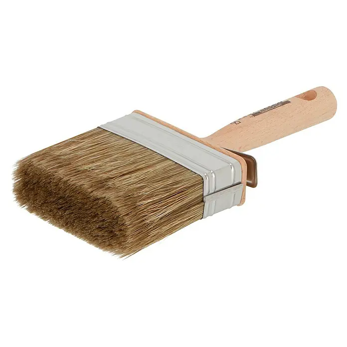 Profi Depot by Storch-Ciret Lasur-Flächenstreicher - 100 mm, Holz - Detailaufnahme eines Quast-Flächenstreichers mit hellem Holzgriff und silberner Zwinge, ideal für präzise Farbaufträge.