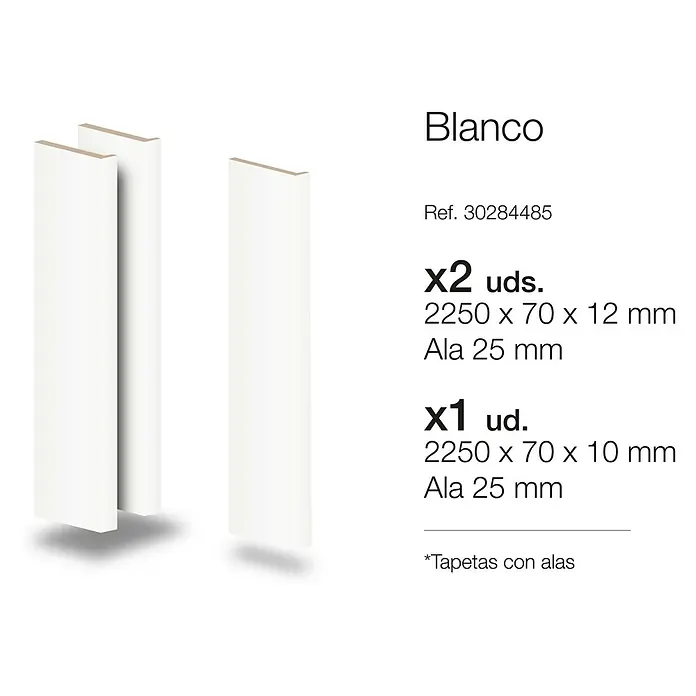 Tapeta blanca - 70 x 2.250 mm, Blanco, 3 ud. - Imagen del producto de listones blancos en diferentes grosores, adecuados para diversas aplicaciones de diseño de interiores o decoración.