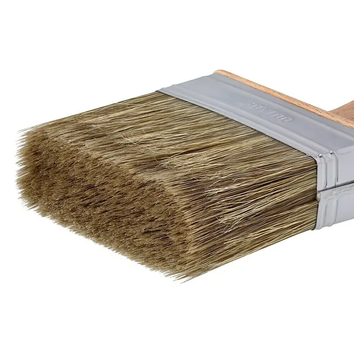 Profi Depot by Storch-Ciret Lasur-Flächenstreicher - 100 mm, Holz - Detailaufnahme eines breiten Malpinsels mit hellbraunen Borsten, eingefasst in Metall und Holz.