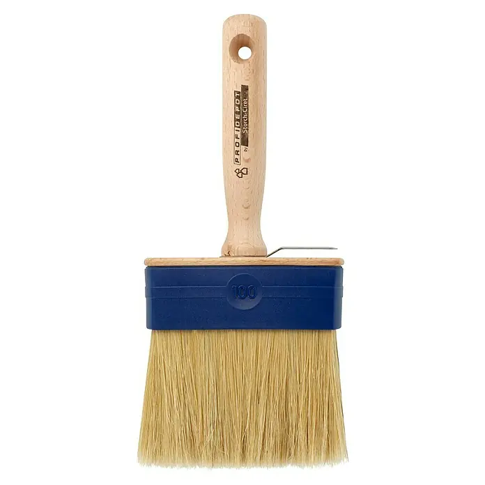 Profi Depot by Storch-Ciret Flächenstreicher - Breite Borsten: 100 mm, Mischborsten, Holz - Die Abbildung zeigt einen Deckenpinsel 'ProfiDepot by Storch-Ciret' mit blauem Borstenhalter und Holzgriff für gleichmäßige Anstriche.