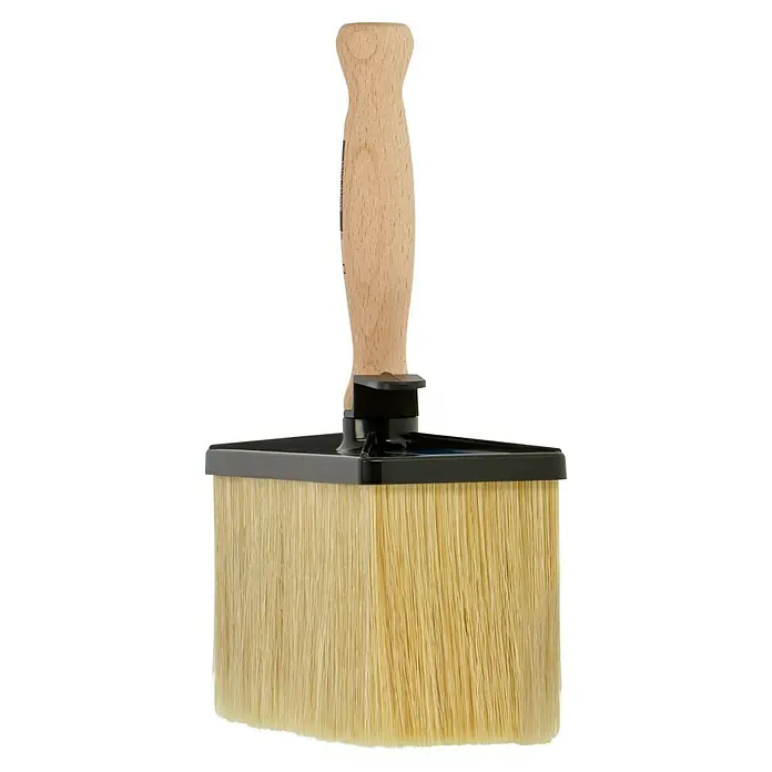 Profi Depot by Storch-Ciret Deckenbürste - Maße Kopf: 180 x 80 mm, Vulkanisierte Borsten - Nahaufnahme eines Quast- oder Flächenstreichers mit Holzgriff und schwarzen Kunststoffteilen.