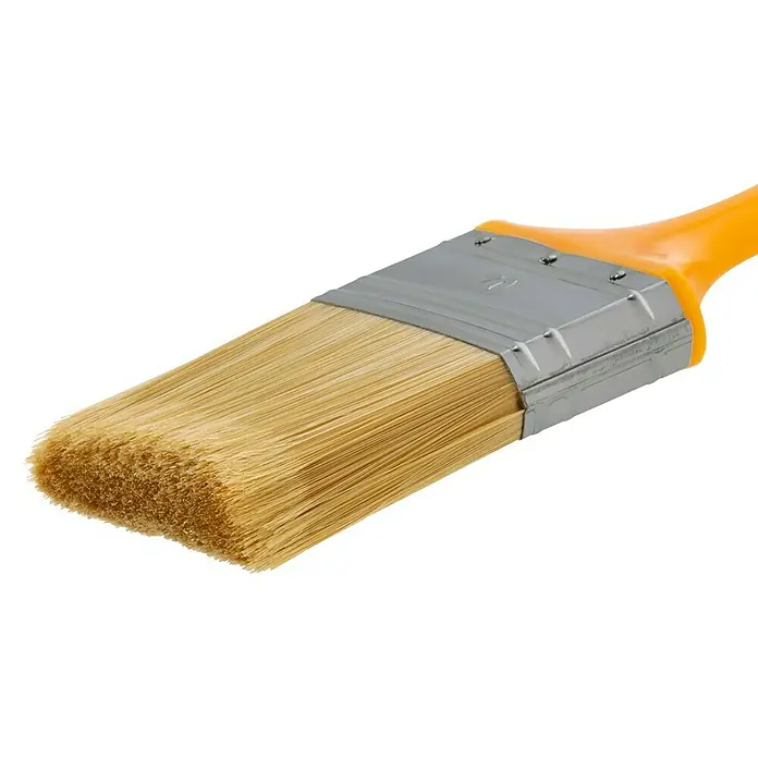 Lackierpinsel - Breite Borsten: 70 mm, Kunstborsten, Kunststoff - Detailansicht eines Pinsels mit gelbem Griff und hellem Borstenkopf, ideal für Malerarbeiten und Renovierungen im Haushalt.