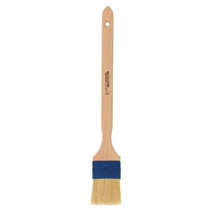 Profi Depot by Storch-Ciret Eckenstreicher - Breite Borsten: 60 mm, Mischborsten, Holz, 41 cm - Detailaufnahme eines PROFIDEPOT Storch-Clirt Pinsels mit Holzgriff, blauer Zwinge und hellem Borstenbesatz, ideal für präzise Malerarbeiten.