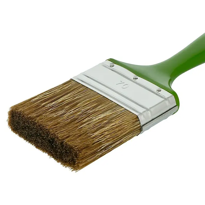 Lasur-Flachpinsel - Breite Borsten: 70 mm, Naturborsten-Mix, Kunststoff - Nahaufnahme eines Farbmalerpinsels mit grünen Griff und braunen Borsten.