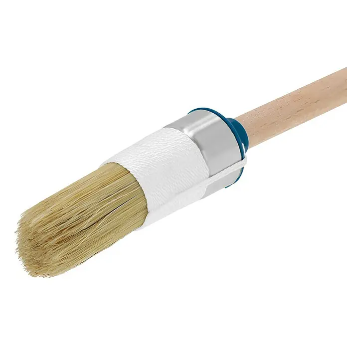 Profi Depot by Storch-Ciret Ringpinsel - Größe Pinsel: 4, Mischborsten, Holz - Ein Detailaufnahme eines runden Pinsels mit Holzgriff, silberner Zwinge und weißen Borsten, ideal für präzises Malen.
