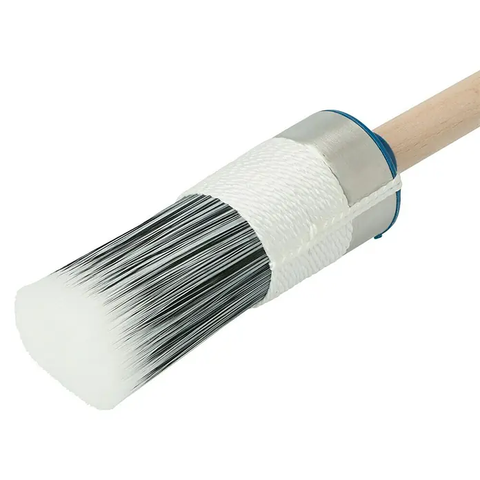 Profi Depot by Storch-Ciret Ringpinsel Lack - Größe Pinsel: 8, Mischborsten, Holz - Nahaufnahme eines runden Chalk Paint Pinsels mit Holzgriff, Metallfassung und weißem Borstenkopf. Ideal für Shabby Chic und Vintage-Techniken.