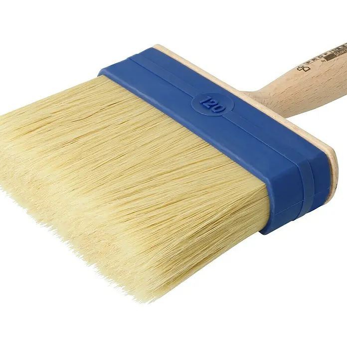 Profi Depot by Storch-Ciret Flächenstreicher - Breite Borsten: 120 mm, Mischborsten, Holz - Detailaufnahme eines Malpinsels mit blauer Kunststoffhalterung und hellem Holzgriff, ideal für präzise Anstriche.