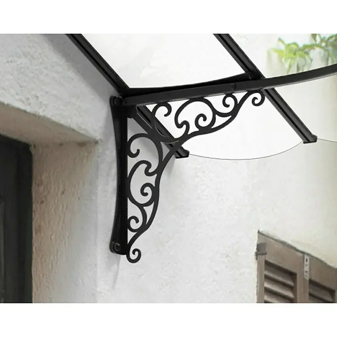 Palram – Canopia Vordach Iris - 174,5 x 125 x 80 cm, Schwarz - Bild einer schwarzen Vordachhalterung mit filigranem Design an einer weißen Wand, die eine elegante und funktionelle Ergänzung darstellt.