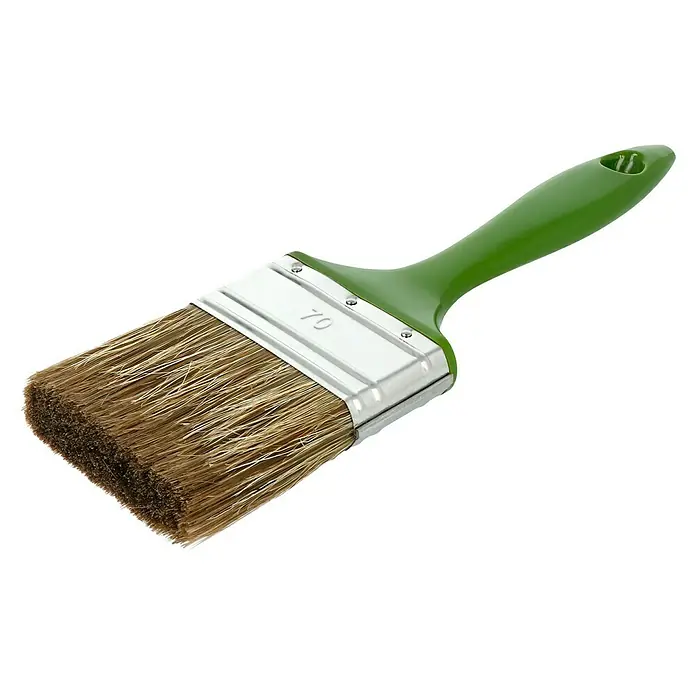 Lasur-Flachpinsel - Breite Borsten: 70 mm, Naturborsten-Mix, Kunststoff - Nahaufnahme eines Farbrollers mit einem grünen Griff und braunen Borsten, ideal für präzise Malarbeiten.