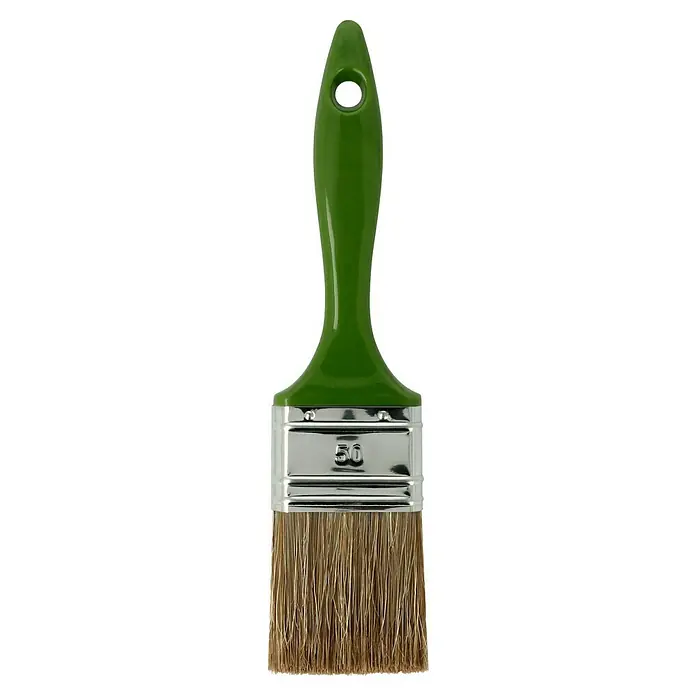 Lasur-Flachpinsel - Breite Borsten: 50 mm, Naturborsten-Mix, Kunststoff - Pinsel mit grünem Griff und Borsten zum Auftragen von Farbe auf Oberflächen, ideal für Malerarbeiten.