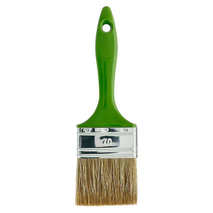 Lasur-Flachpinsel - Breite Borsten: 70 mm, Naturborsten-Mix, Kunststoff - Eine Nahaufnahme eines Farbpinsels mit grünem Griff und silberner Zwinge, dessen Borsten natürlich und bereit zum Malen sind.