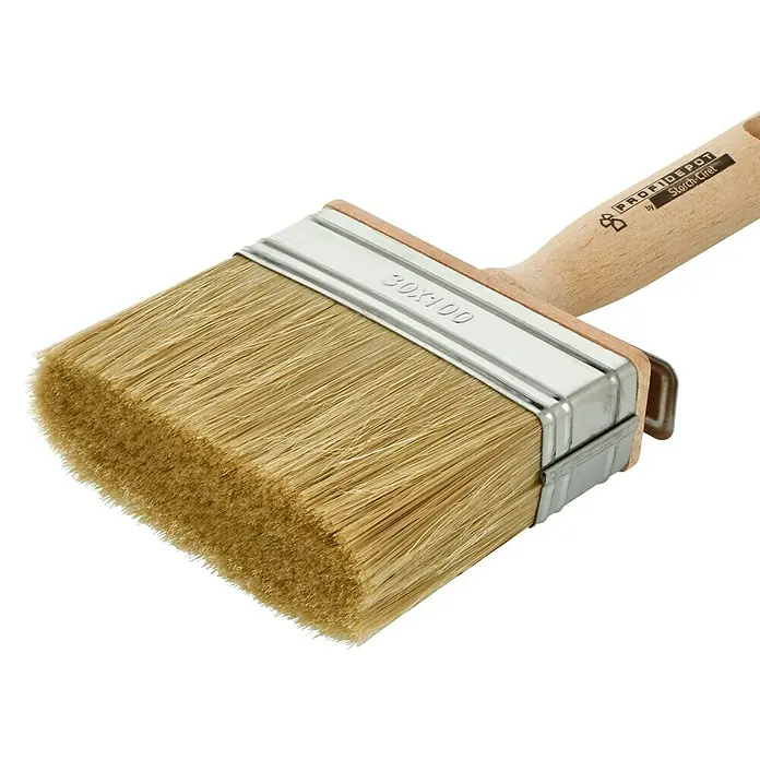 Profi Depot by Storch-Ciret Flächenstreicher - Breite Borsten: 100 mm, Mischborsten, Holz, Beige - Nahaufnahme eines Profi Depot Storch-Ciret Flächenstreichers mit Holzgriff und Borsten, ideal zum Malen und Lackieren.