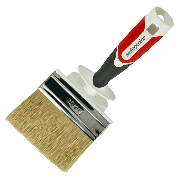 swingcolor Flächenstreicher 3K - Breite Borsten: 100 mm, Art Borsten: Mischborsten, Material Griff: Kunststoff - Nahaufnahme eines Swingcolor Flächenstreichers 30x100 mit rotem und schwarzem Griff. Ideal für glatte Flächen und präzise Farbaufträge.