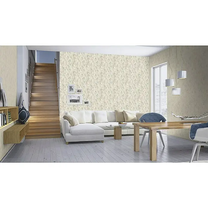 Rasch Composition Vliestapete Birke - Grauweiß, Floral, 10,05 x 0,53 m - Eine gemütliche Wohnzimmerszene mit einer stilvollen Couch und einem Esstisch, die ein modernes und einladendes Ambiente schaffen.