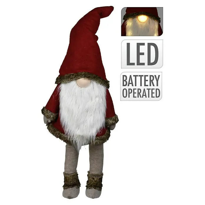 Figura LED navideña - Rojo, LED - Gnomo decorativo con sombrero rojo, barba blanca, cuerpo gris y detalles marrones, funciona con pilas y con iluminación LED.