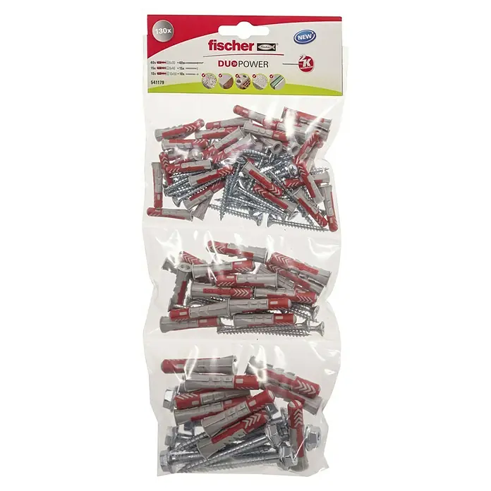 Fischer Schrauben- & Dübel-Set 6,8,10SB - Nylon, Geeignet für: Lochbaustoffe, 96 Stk. - Packung mit 130 Fischer Dübeln und Schrauben DuoPower, geeignet für verschiedene Materialien, ideal für Heimwerkerprojekte und Befestigungen.
