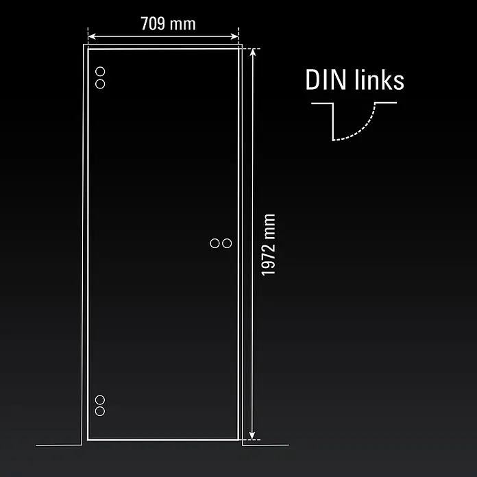Diamond Doors Glasdrehtür 507 - 709 x 1.972 mm, DIN Anschlag: Links, Milchglas - Schematische Darstellung einer Duschtür mit den Maßen 709 mm Breite und 1972 mm Höhe. DIN-Links-Anschlag.