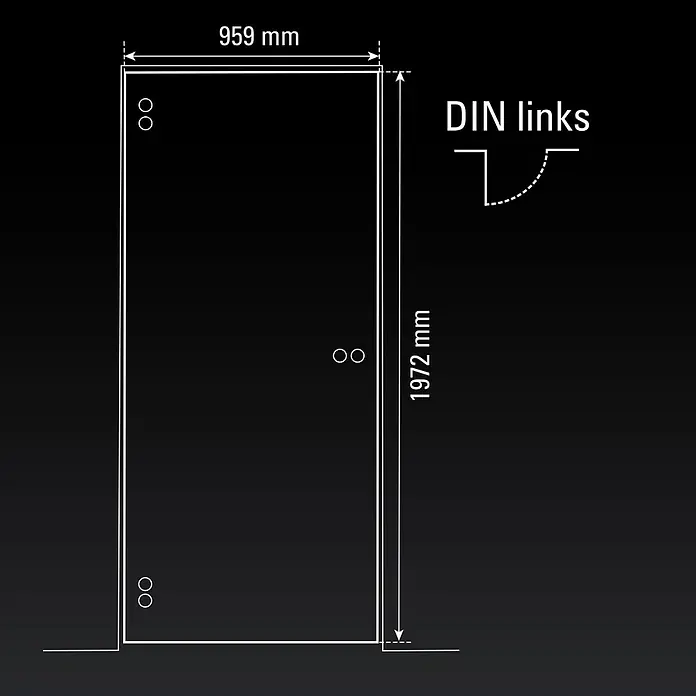Diamond Doors Glasdrehtür 631 - 959 x 1.972 mm, DIN Anschlag: Links, Milchglas - Schema einer Tür mit den Maßen 959 mm Breite und 1972 mm Höhe, Kennzeichnung der DIN-Links-Ausführung.