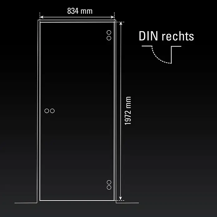 Diamond Doors Glasdrehtür 504 - 834 x 1.972 mm, DIN Anschlag: Rechts, Milchglas - Abbildung einer Duschtür mit den Maßen 834 mm Breite und 1972 mm Höhe, mit der Kennzeichnung DIN rechts für die Öffnungsrichtung.