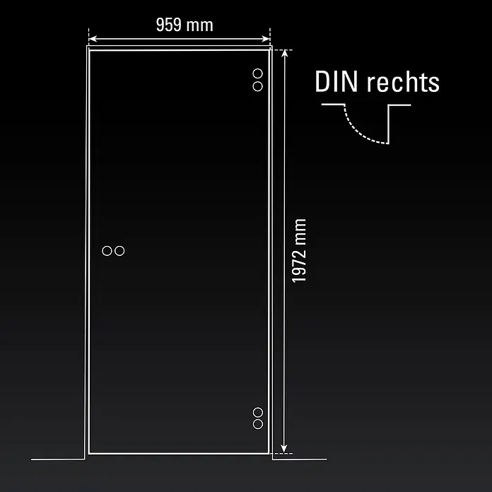 Diamond Doors Glasdrehtür 548 - 959 x 1.972 mm, DIN Anschlag: Rechts, Milchglas - Die Abbildung zeigt eine technische Zeichnung einer DIN-rechts Tür mit den Maßen 959 mm Breite und 1972 mm Höhe.