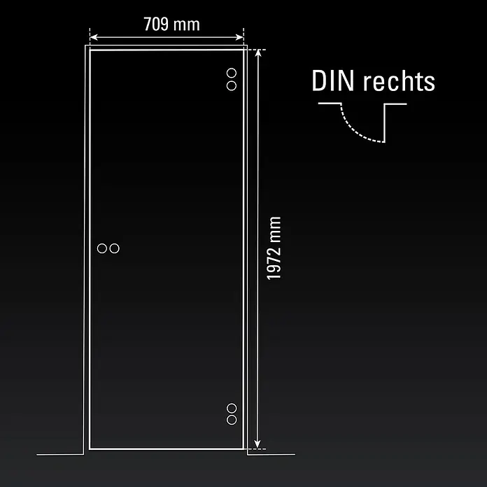 Diamond Doors Glasdrehtür 615 - 709 x 1.972 mm, DIN Anschlag: Rechts, Einscheibensicherheitsglas (ESG) - Produktdarstellung: Schematische Zeichnung einer DIN-rechts Tür mit Maßangaben: Höhe 1972 mm, Breite 709 mm.