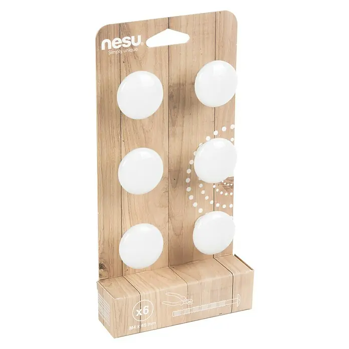 Nesu Pomo para muebles 453R0 6 uds. - Ø x Al: 33 x 29 mm, Madera - Seis pomos de muebles Nesu blancos, empaquetados en una tarjeta con aspecto de madera, ofrecen una manera sencilla de mejorar visualmente los muebles.