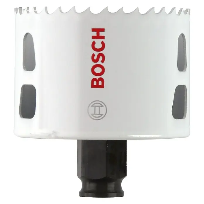 Bosch Professional Sierra de corona BiM - Diámetro: 68 mm, Acero - La imagen muestra una sierra de corona blanca de Bosch con vástago negro, ideal para perforar diversos materiales.