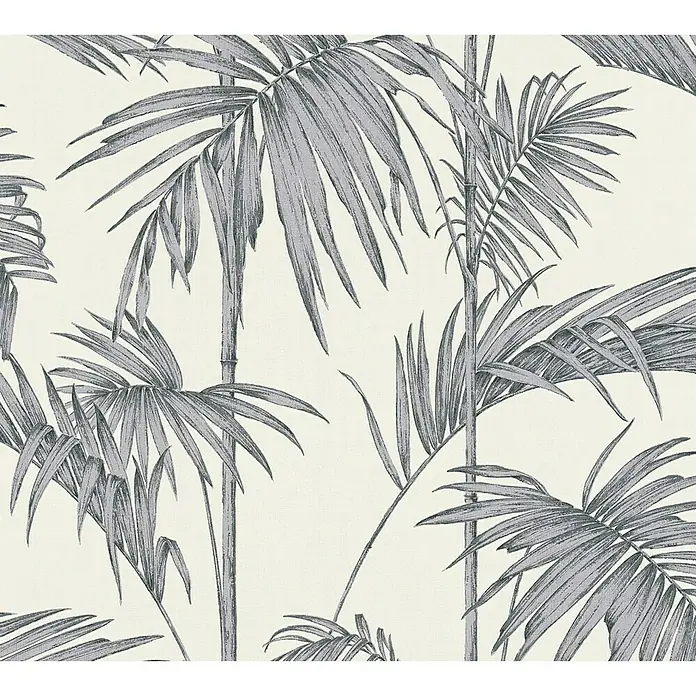 A.S. Création Metropolitan Stories Vliestapete Gräser - Weiß/Silber, Floral, 10,05 x 0,53 m - Eine stilvolle Tapete mit einem filigranen Muster aus grauen Palmenblättern auf einem hellen, fast weißen Hintergrund, die tropische Eleganz versprüht.