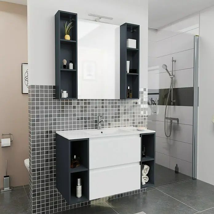 Camargue Espacio Waschtischunterschrank - 60 x 46 x 60 cm, 2 Schubkästen, Gama weiß matt - Das Badezimmer-Waschbecken-Set mit Spiegelschrank bietet Stauraum und ein modernes Design mit offenen Regalen an den Seiten.