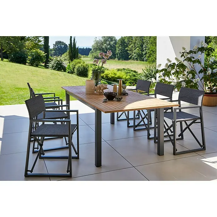 Gartenmöbel-Set Carina/Maja I - 7 -tlg., Akazie/Textilen/Metall, Naturbraun/Anthrazit, Tischplatte ausziehbar - Ein stilvoller Gartentisch mit passenden Stühlen für entspannte Stunden im Freien. Das moderne Design fügt sich nahtlos in jede Umgebung ein.