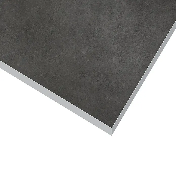 Art-Tec by Palazzo Feinsteinzeugfliese - 80 x 80 cm, Graphit, Schimmernd - Nahaufnahme einer großen, dunkelgrauen Keramikfliese mit einer glatten, matten Oberfläche und einer hellen Kante.