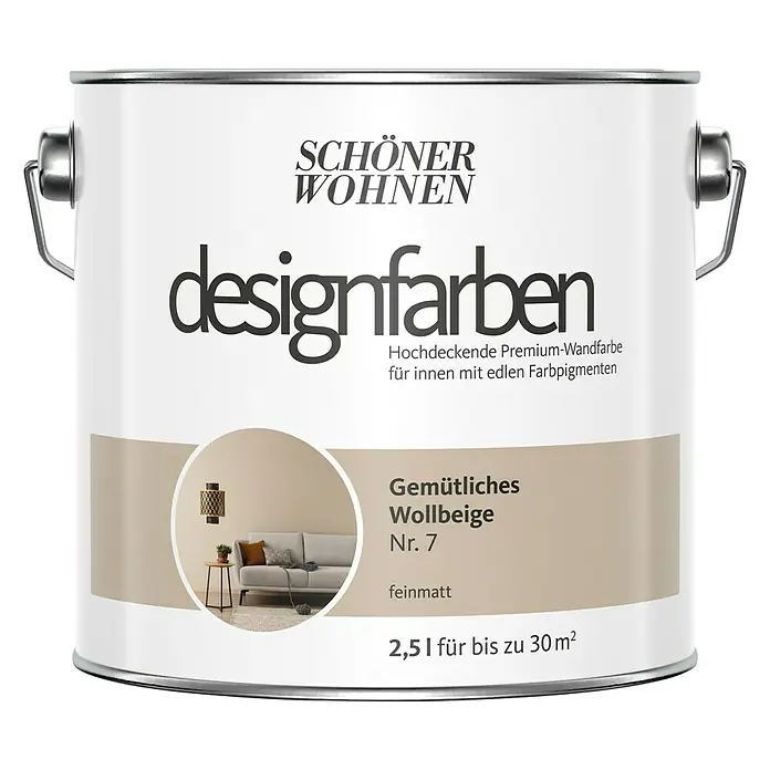 SCHÖNER WOHNEN-Farbe Wandfarbe Designfarbe - Gemütliches Wollbeige, Matt, 2,5 l, Konservierungsmittelfrei - Farbdose Schöner Wohnen Designfarben "Gemütliches Wollbeige Nr. 7", eine hochdeckende Premium-Wandfarbe für Innenräume.