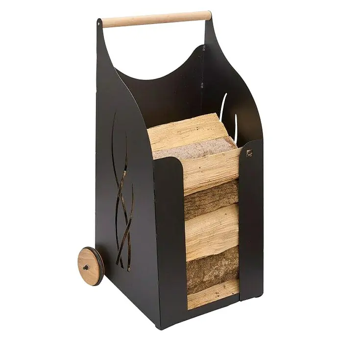 Kaminholzwagen Bruno - 47 x 39 x 85 cm, Stahl, Schwarz - Holzkorb mit Rollen und Holzgriffen für den einfachen Transport von Brennholz. Praktisch und stilvoll für Kaminliebhaber.