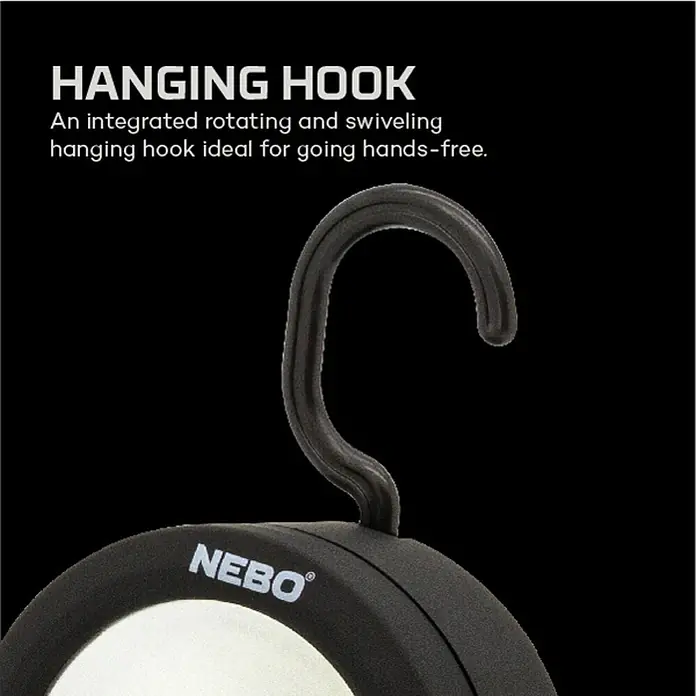 Nebo Tools Linterna Angele Light - 3,8 x 8 x 8 cm, IPX4 - La imagen muestra un gancho NEBO con función de rotación integrada, ideal para colgar y usar con manos libres.