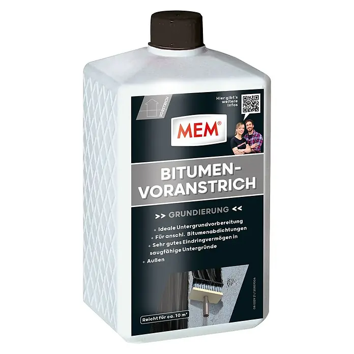 MEM Bitumen-Voranstrich - 1 l - Bild einer Flasche MEM Bitumen-Voranstrich, ideal zur Untergrundvorbereitung und für Bitumenabdichtungen, geeignet für saugfähige Untergründe und Außenbereiche.