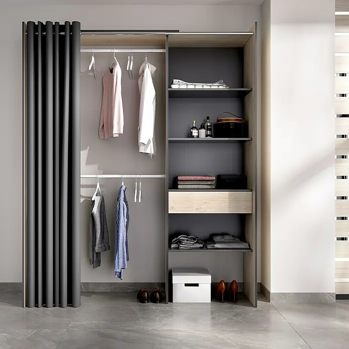 Dekit Armario para ropa Suit - L x An x Al: 50 x 160 x 205 cm, Natural/Grafito, Melamina - Elegante sistema de armario con estantes grises, barras para colgar y cortina. Una solución elegante y funcional para guardar ropa.